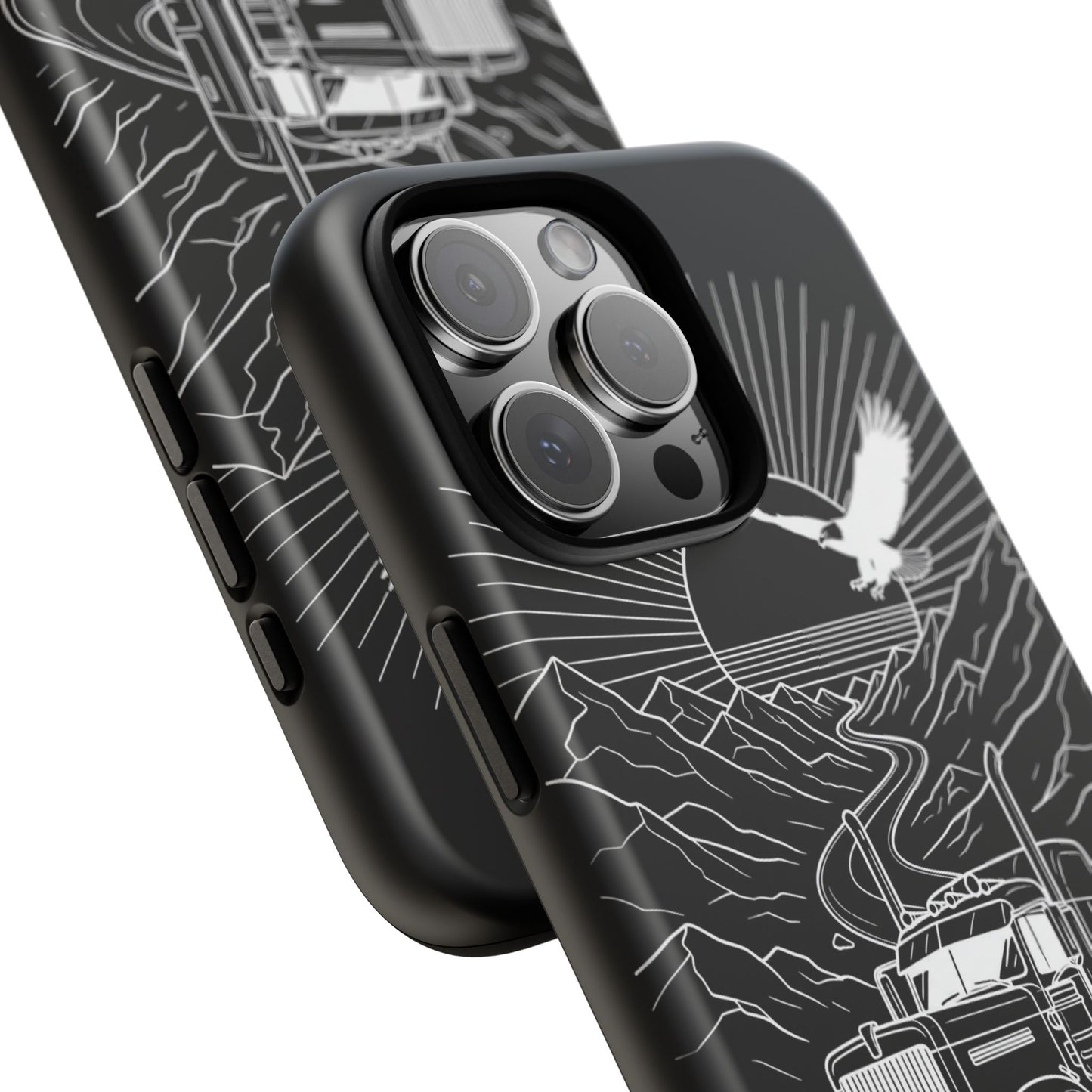 Trucker Highway Phone Case | Eagle & Mountain Line Art | Black Western Tough Case