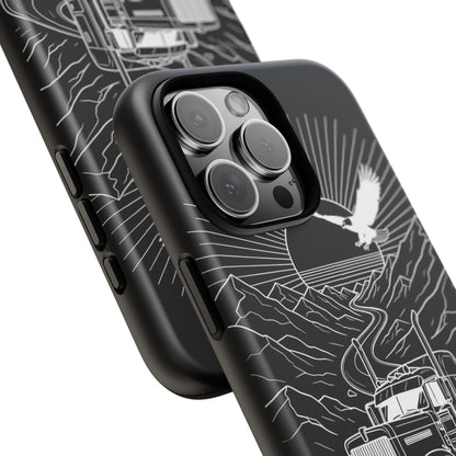 Trucker Highway Phone Case | Eagle & Mountain Line Art | Black Western Tough Case