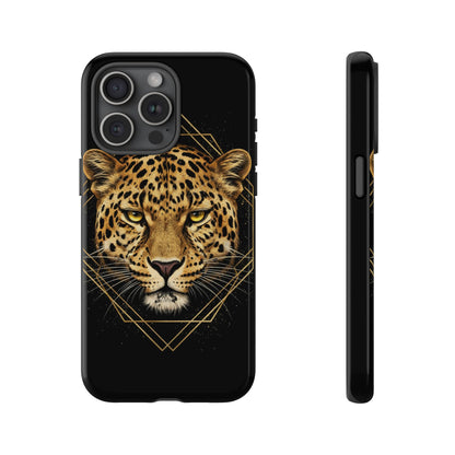 Leopard Head Geometric Phone Case – Black & Gold Luxe Tough Case