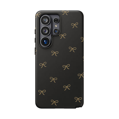 Black Phone Case with Gold Bow Pattern – Slim Protective Cute Aesthetic Cover for Iphone, Samsung Galaxy and Pixel