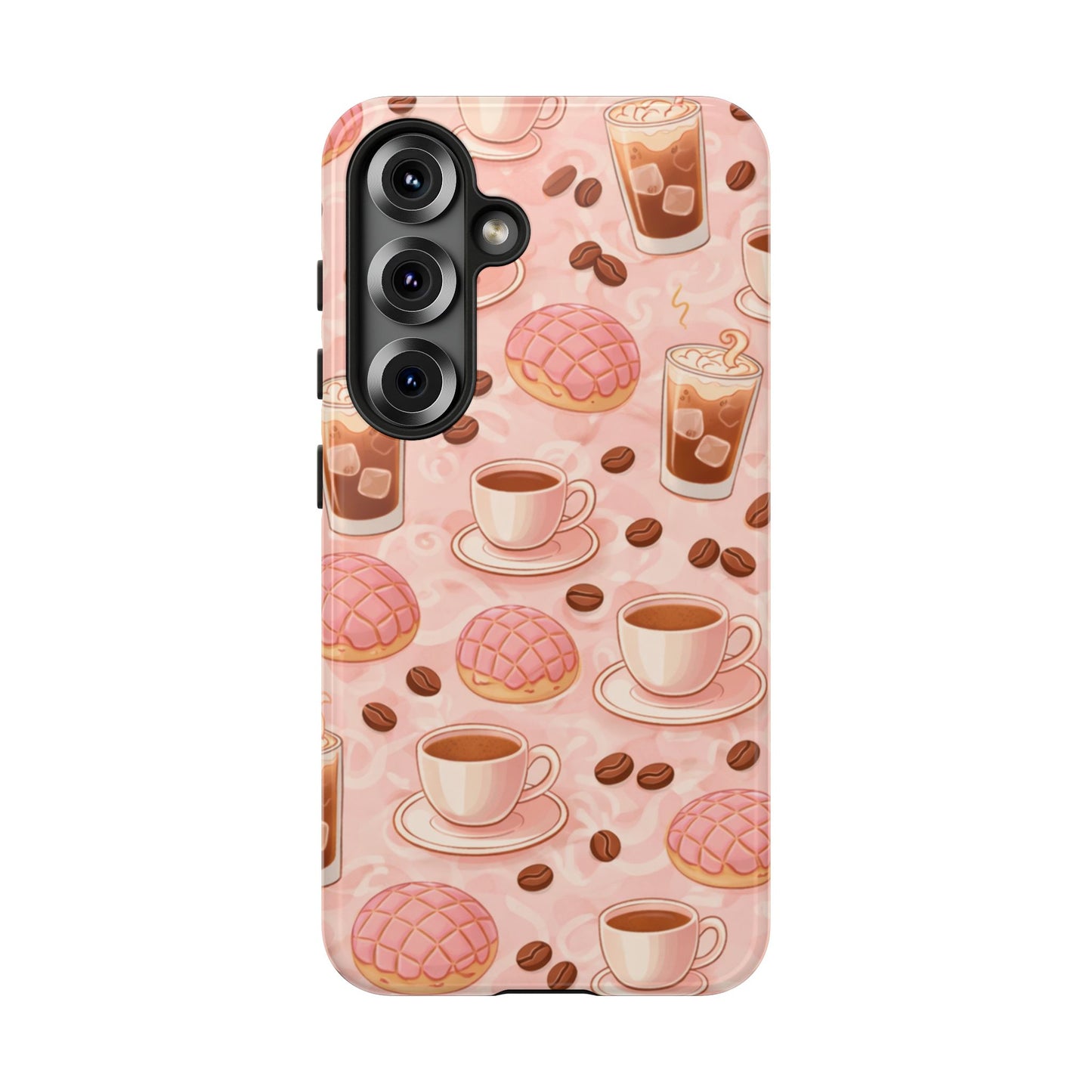 Cute Coffee & Pink Concha Phone Case – Coffee Lover Aesthetic Latte Pattern Tough Case