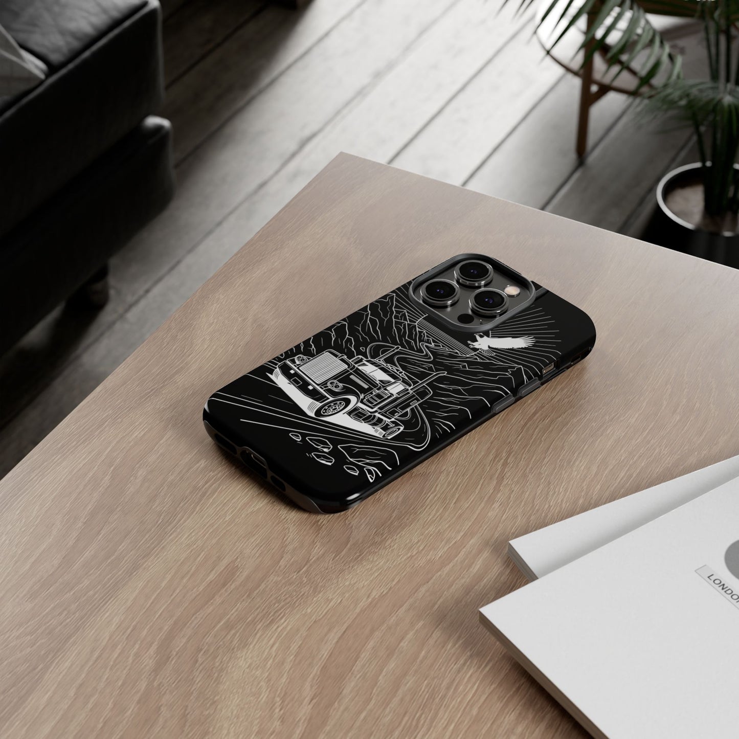 Trucker Highway Phone Case | Eagle & Mountain Line Art | Black Western Tough Case