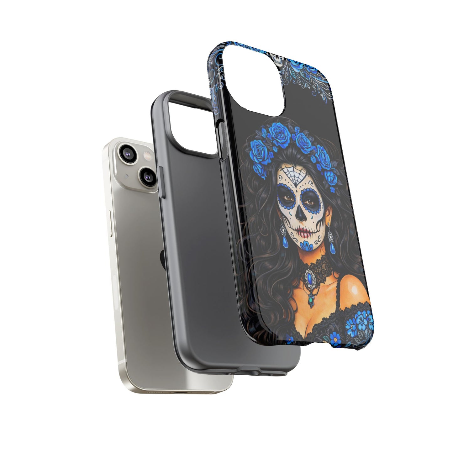 Blue Sugar Skull Woman Phone Case – Day of the Dead Aesthetic Tough Cover
