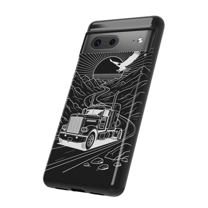 Trucker Highway Phone Case | Eagle & Mountain Line Art | Black Western Tough Case