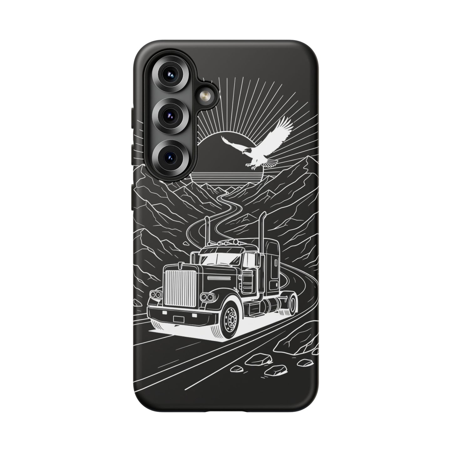 Trucker Highway Phone Case | Eagle & Mountain Line Art | Black Western Tough Case