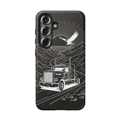 Trucker Highway Phone Case | Eagle & Mountain Line Art | Black Western Tough Case