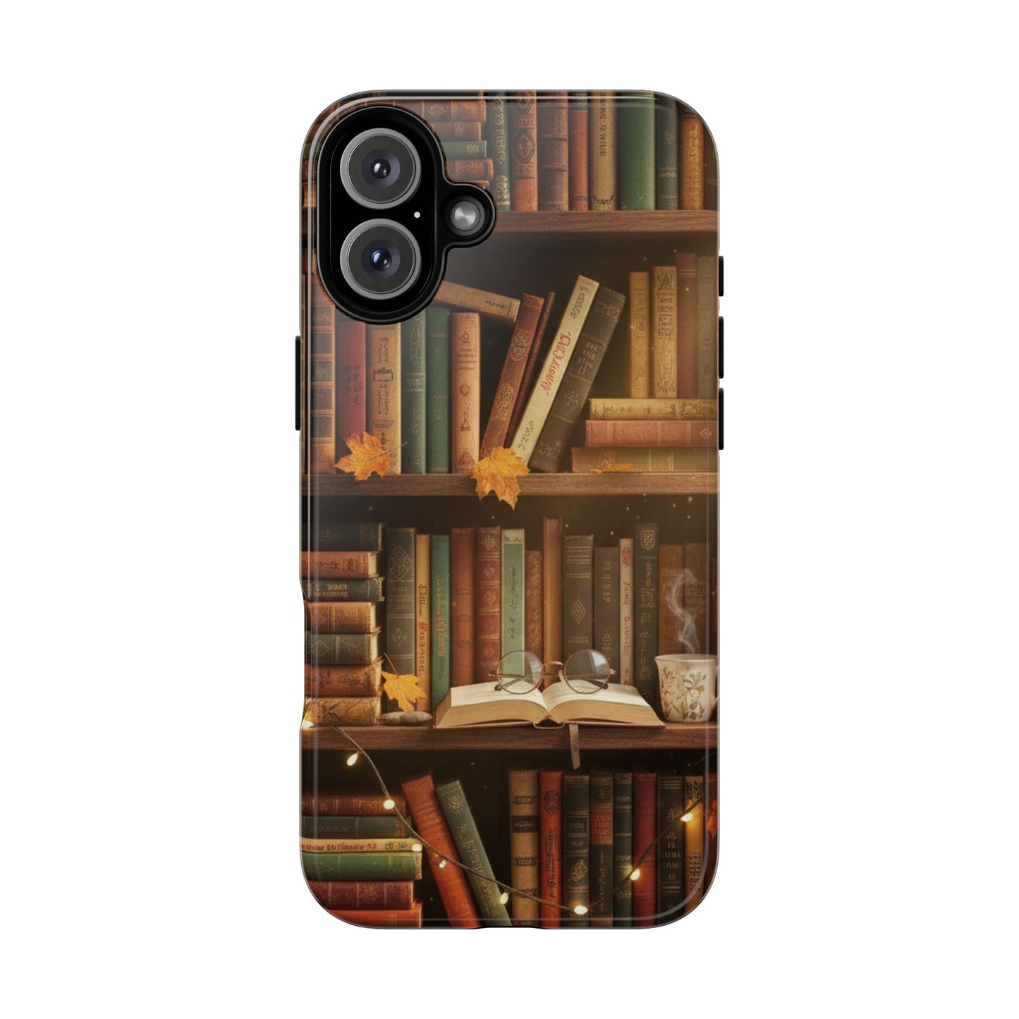 Cozy Vintage Bookshelf Phone Case, Library Aesthetic Book Stack, Autumn Coffee Vibes (iPhone, Samsung, Pixel)