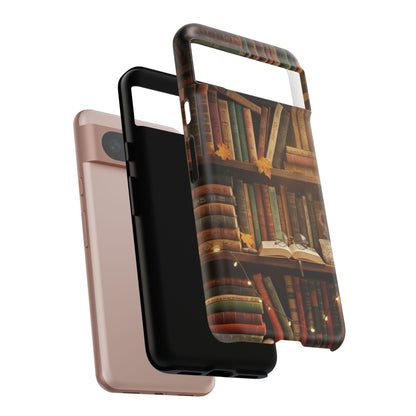 Cozy Vintage Bookshelf Phone Case, Library Aesthetic Book Stack, Autumn Coffee Vibes (iPhone, Samsung, Pixel)