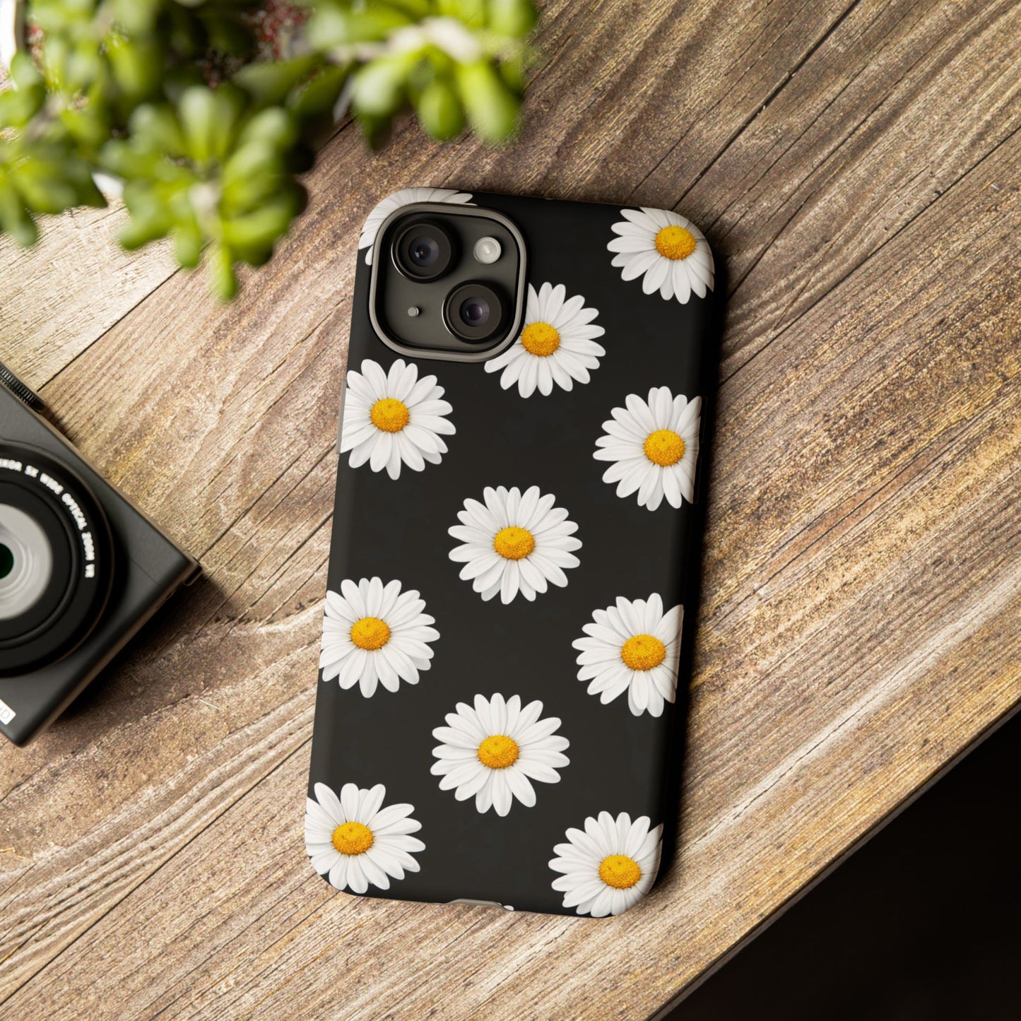 Black Daisy Floral Tough Phone Case – Cute Protective Cover for Iphone, Samsung Galaxy and Pixel