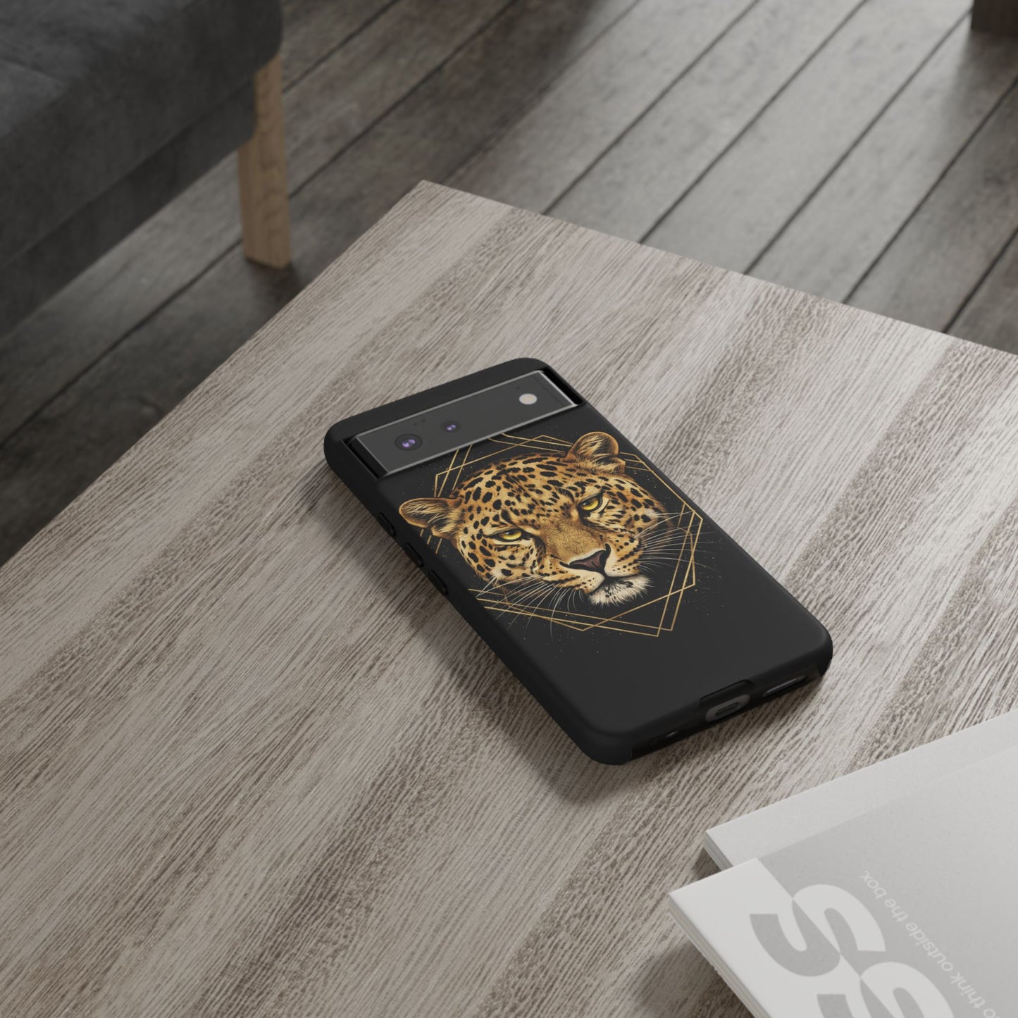 Leopard Head Geometric Phone Case – Black & Gold Luxe Tough Case