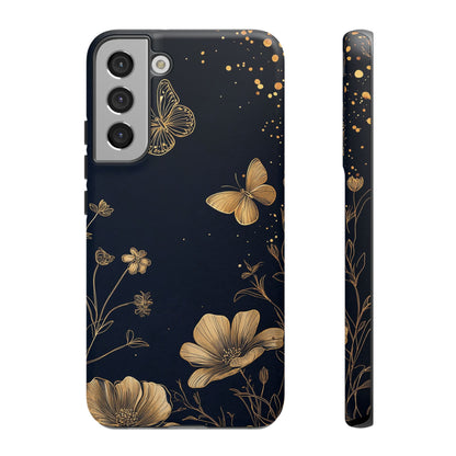 Gold Floral Butterfly Phone Case, Dark Aesthetic Botanical, Elegant Black Luxury iPhone Samsung Cover