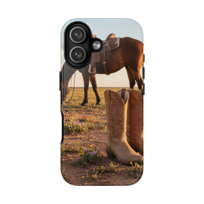 Western Cowboy Boots Phone Case – Rustic Horse Sunset Tough Case (iPhone, Samsung, Pixel)