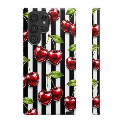 Cherry Pattern Phone Case Black White Stripe Retro Aesthetic Tough Cover