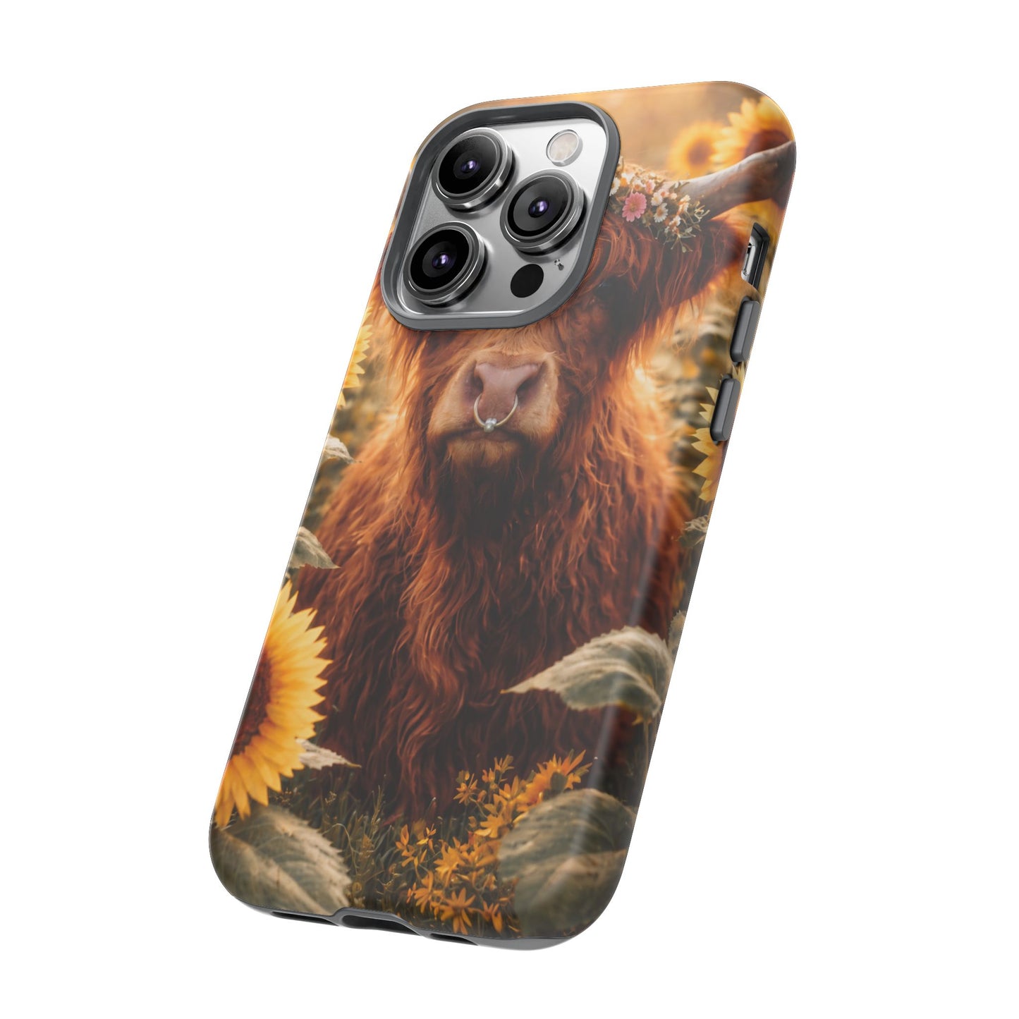 Highland Cow Sunflower Phone Case | Floral Farmhouse iPhone, Samsung Galaxy and Pixel Cover
