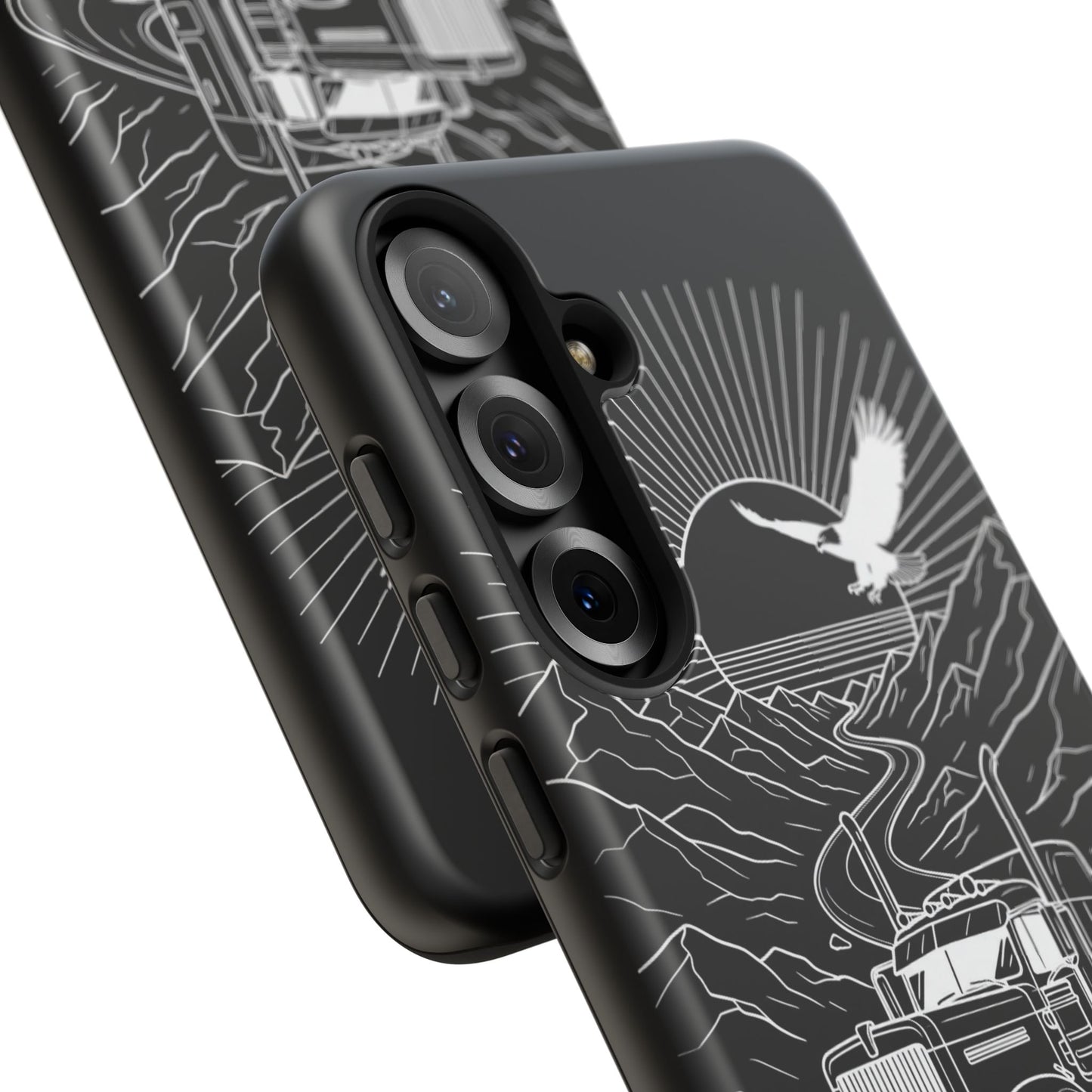 Trucker Highway Phone Case | Eagle & Mountain Line Art | Black Western Tough Case