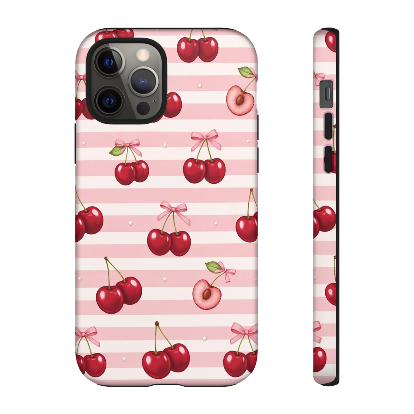 Coquette Cherry Bow Phone Case | Cute Pink Aesthetic Cherry Pattern Tough Case for iPhone & Samsung