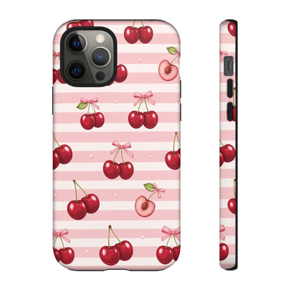Coquette Cherry Bow Phone Case | Cute Pink Aesthetic Cherry Pattern Tough Case for iPhone & Samsung