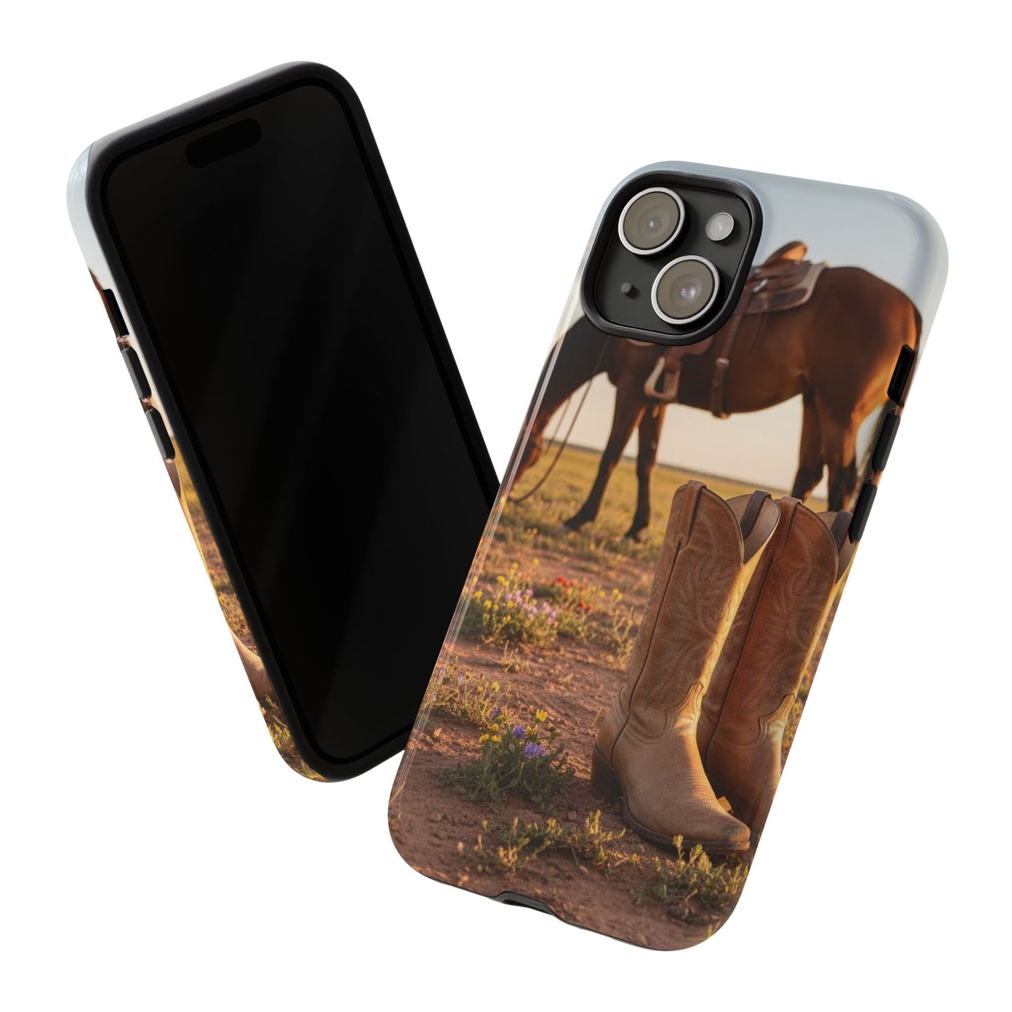 Western Cowboy Boots Phone Case – Rustic Horse Sunset Tough Case (iPhone, Samsung, Pixel)