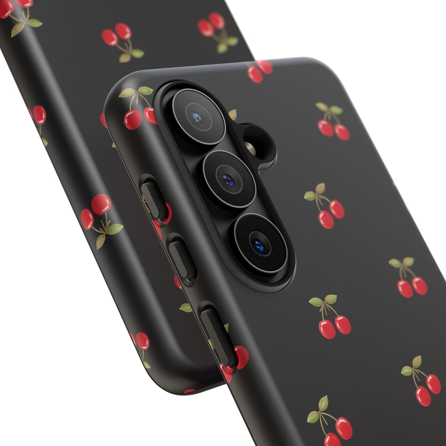 Cherry Pattern Phone Case — Slim Black Protective iPhone Case with Red Cherries for Iphone, Samsung Galaxy and Pixel