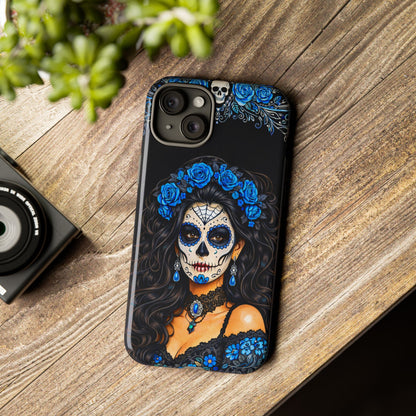 Blue Sugar Skull Woman Phone Case – Day of the Dead Aesthetic Tough Cover