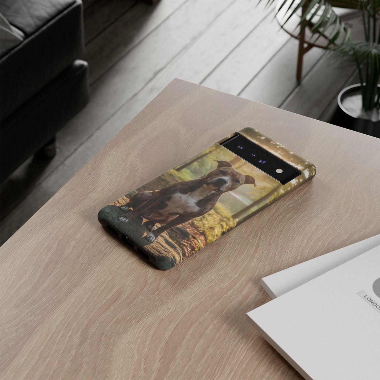 Pitbull Portrait Phone Case | Dog Lover Tough Case, Sunset Forest