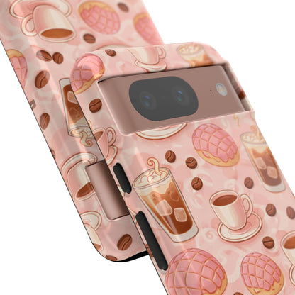 Cute Coffee & Pink Concha Phone Case – Coffee Lover Aesthetic Latte Pattern Tough Case