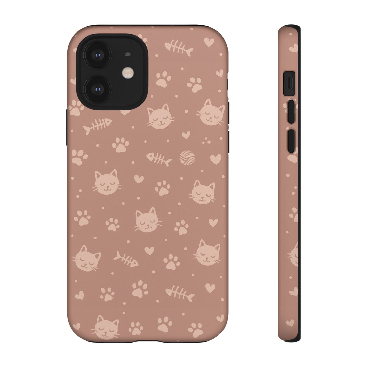 Cute Cat Pattern Phone Case | Paw Prints, Fishbone & Yarn Design Tough Case