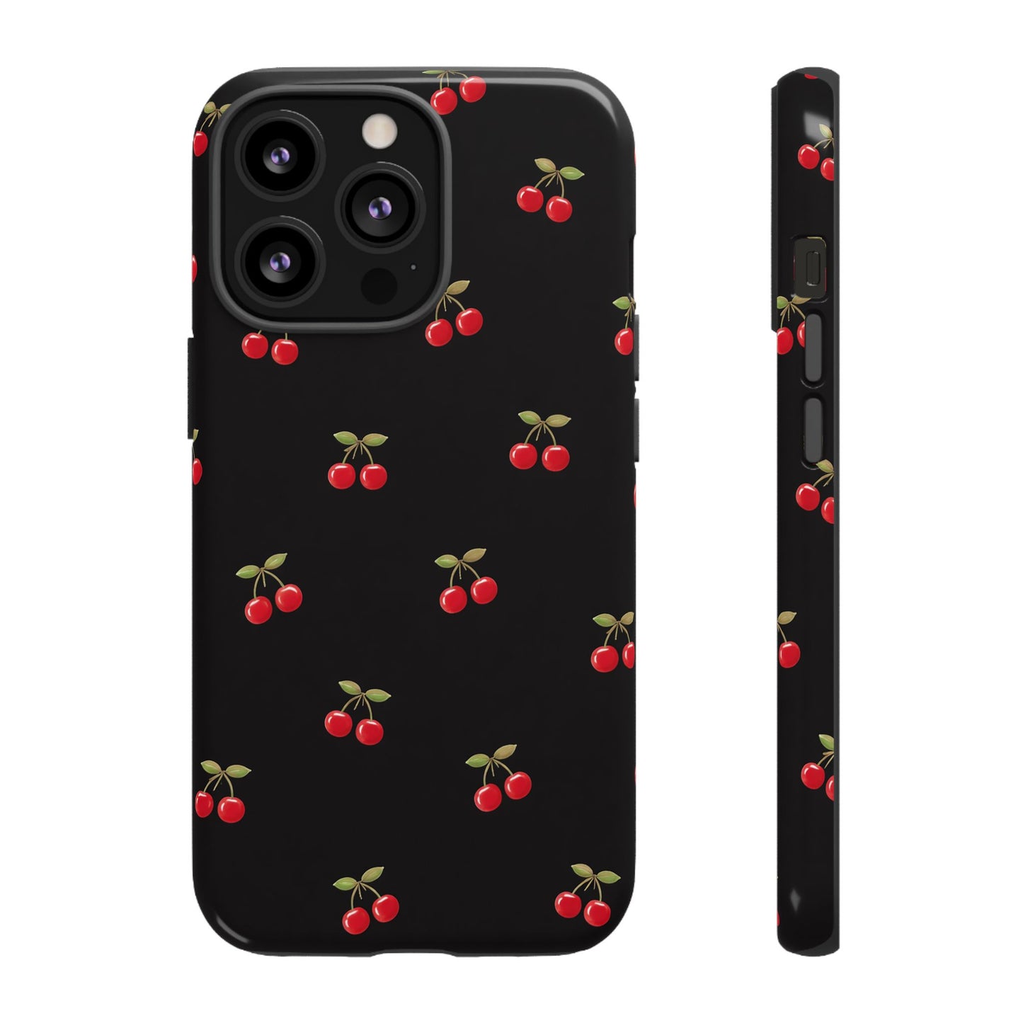 Cherry Pattern Phone Case — Slim Black Protective iPhone Case with Red Cherries for Iphone, Samsung Galaxy and Pixel