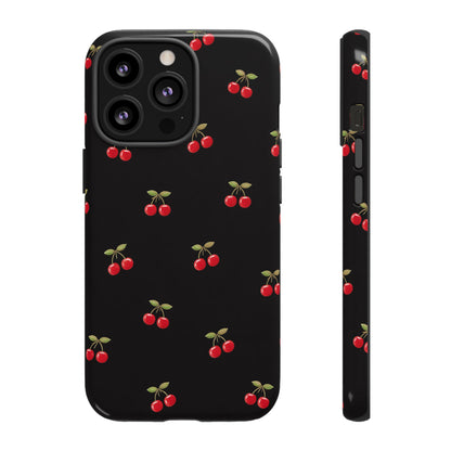 Cherry Pattern Phone Case — Slim Black Protective iPhone Case with Red Cherries for Iphone, Samsung Galaxy and Pixel