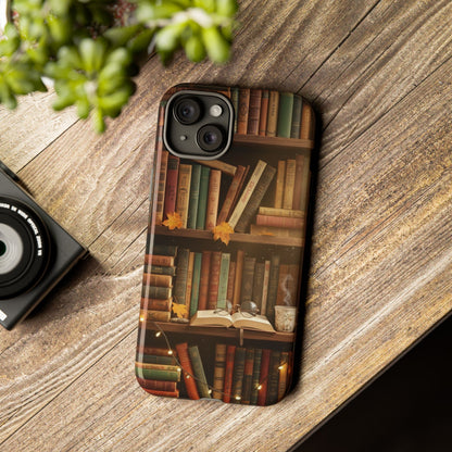 Cozy Vintage Bookshelf Phone Case, Library Aesthetic Book Stack, Autumn Coffee Vibes (iPhone, Samsung, Pixel)