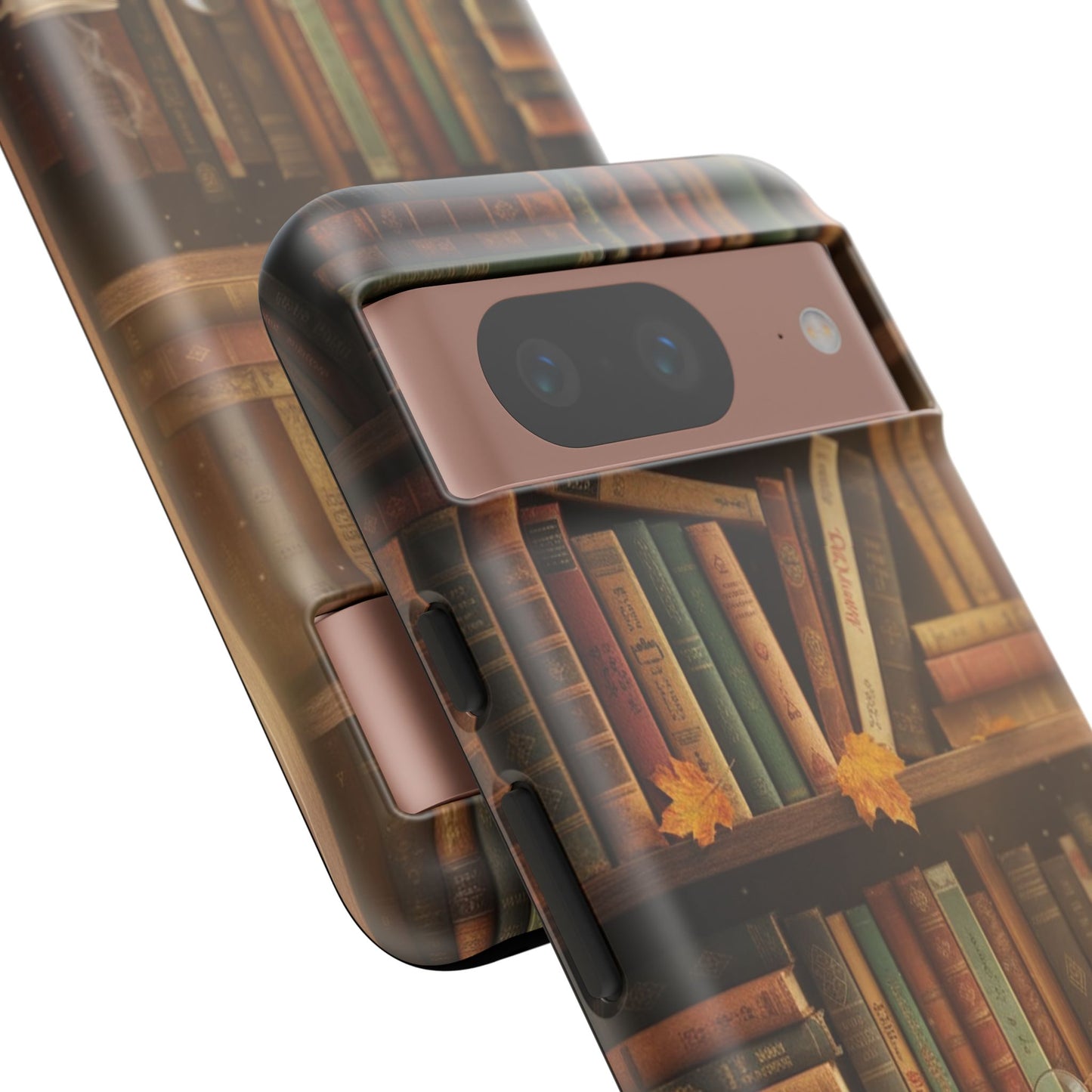 Cozy Vintage Bookshelf Phone Case, Library Aesthetic Book Stack, Autumn Coffee Vibes (iPhone, Samsung, Pixel)