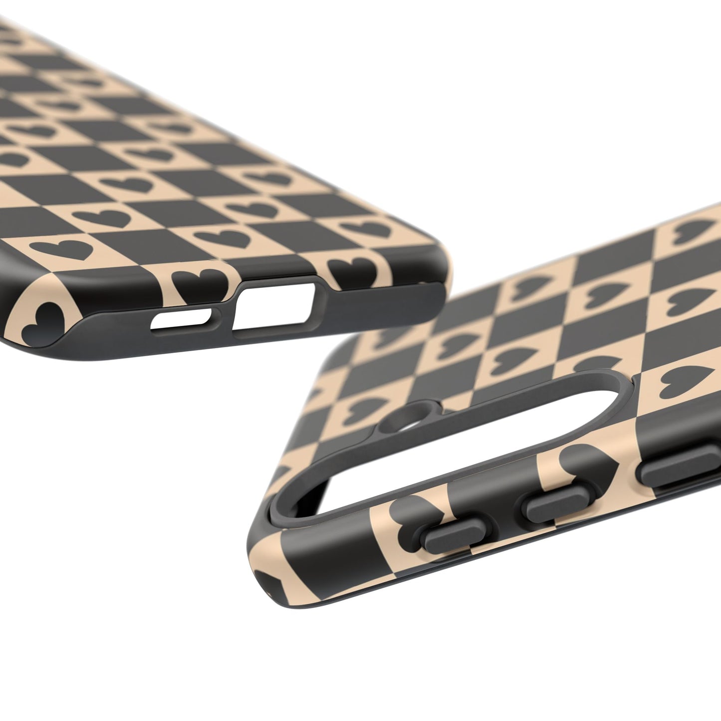 Checkerboard Heart Phone Case – Black & Beige Cute Aesthetic Protective Cover for Iphone, Samsung Galaxy and Pixel