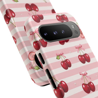 Coquette Cherry Bow Phone Case | Cute Pink Aesthetic Cherry Pattern Tough Case for iPhone & Samsung