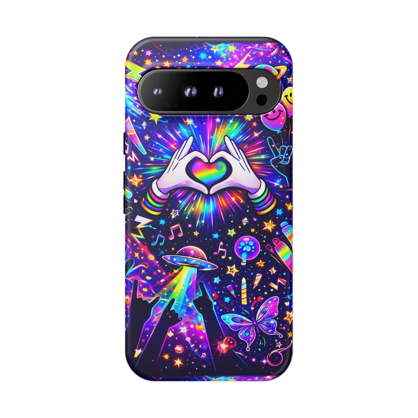 Rainbow Heart Hands Phone Case – Neon Galaxy EDM Festival Tough Cover