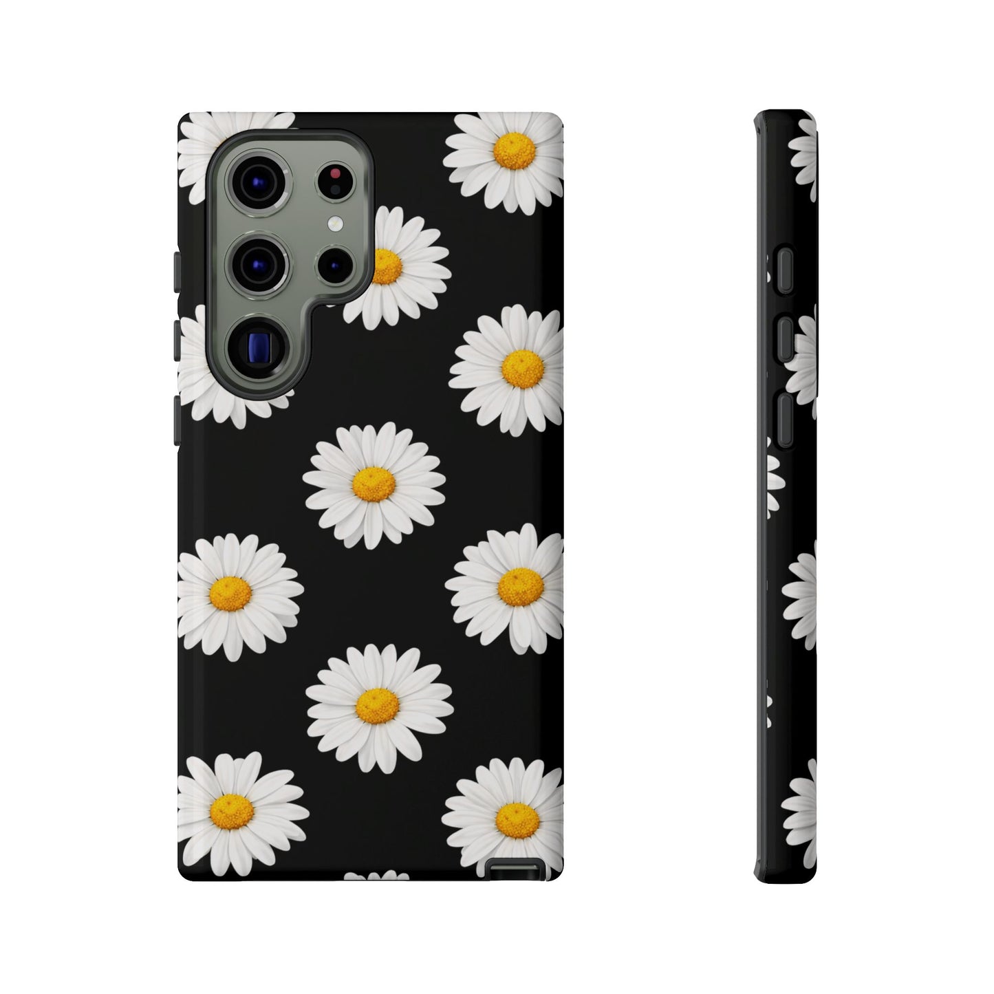 Black Daisy Floral Tough Phone Case – Cute Protective Cover for Iphone, Samsung Galaxy and Pixel
