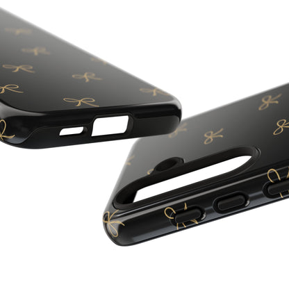 Black Phone Case with Gold Bow Pattern – Slim Protective Cute Aesthetic Cover for Iphone, Samsung Galaxy and Pixel