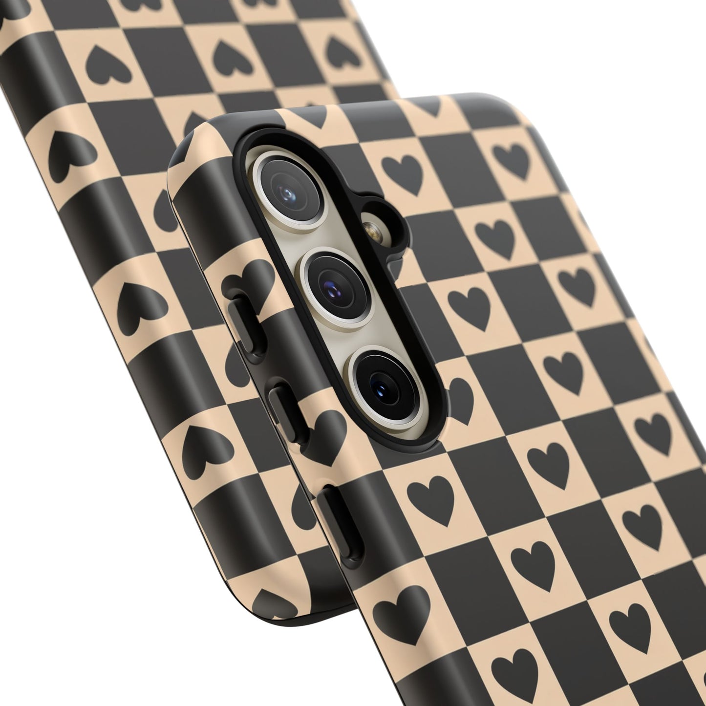 Checkerboard Heart Phone Case – Black & Beige Cute Aesthetic Protective Cover for Iphone, Samsung Galaxy and Pixel