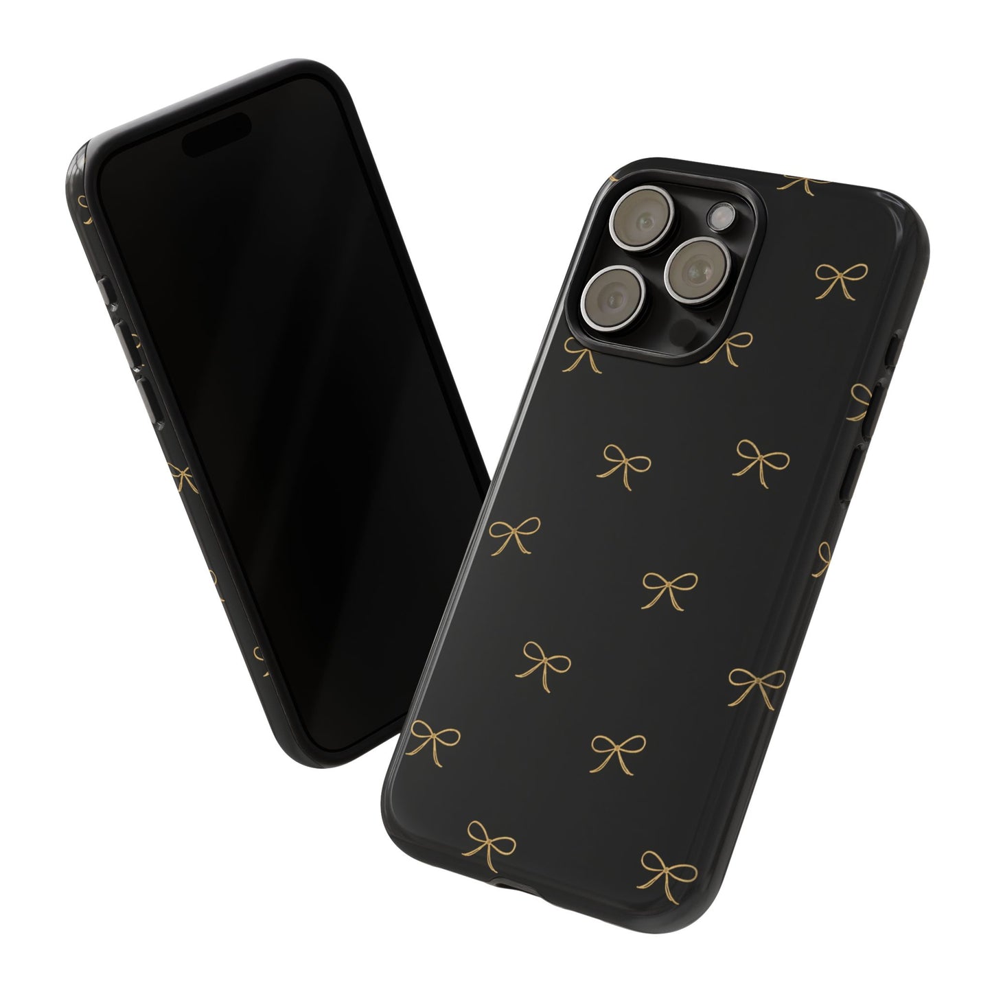 Black Phone Case with Gold Bow Pattern – Slim Protective Cute Aesthetic Cover for Iphone, Samsung Galaxy and Pixel