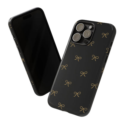 Black Phone Case with Gold Bow Pattern – Slim Protective Cute Aesthetic Cover for Iphone, Samsung Galaxy and Pixel