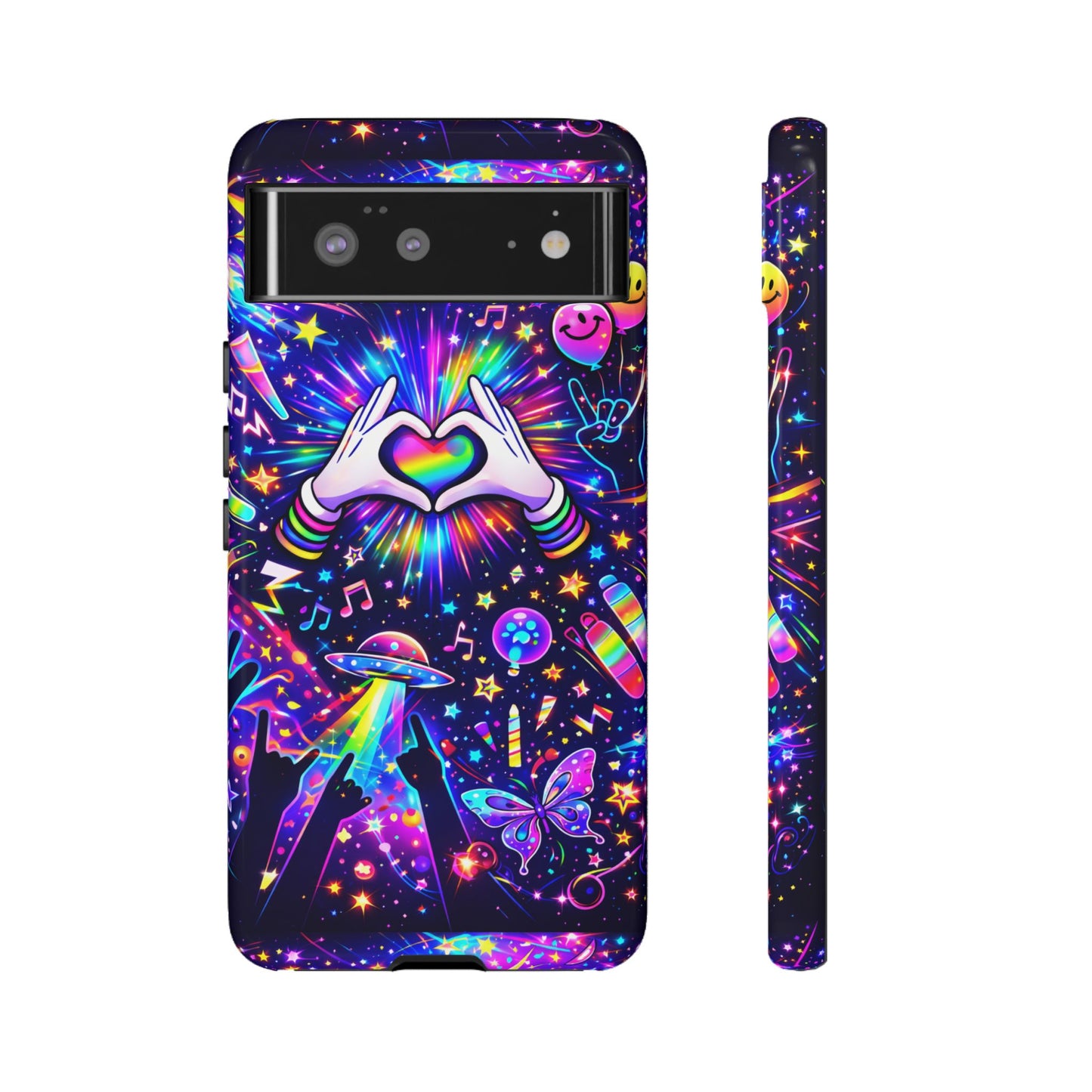 Rainbow Heart Hands Phone Case – Neon Galaxy EDM Festival Tough Cover