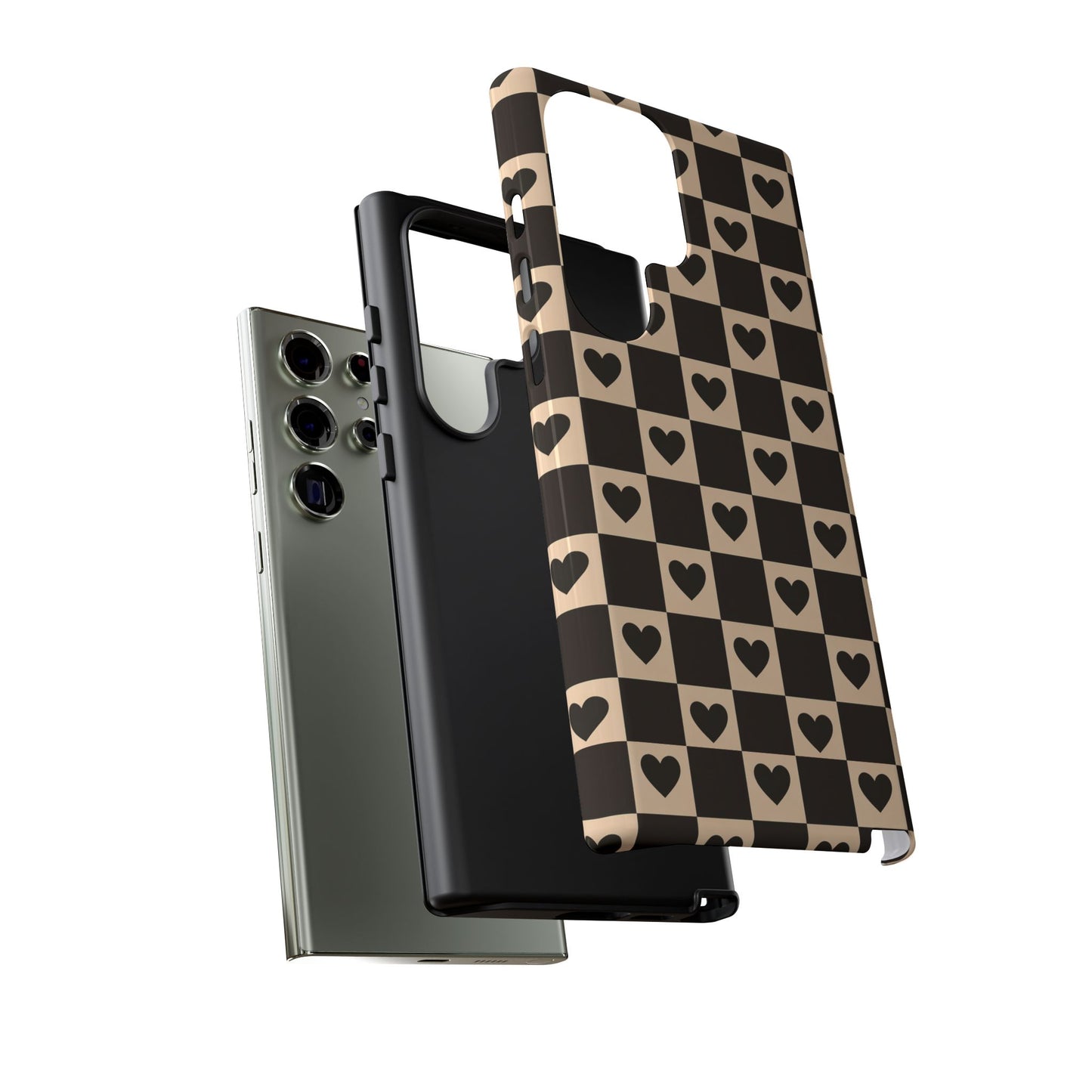 Checkerboard Heart Phone Case – Black & Beige Cute Aesthetic Protective Cover for Iphone, Samsung Galaxy and Pixel