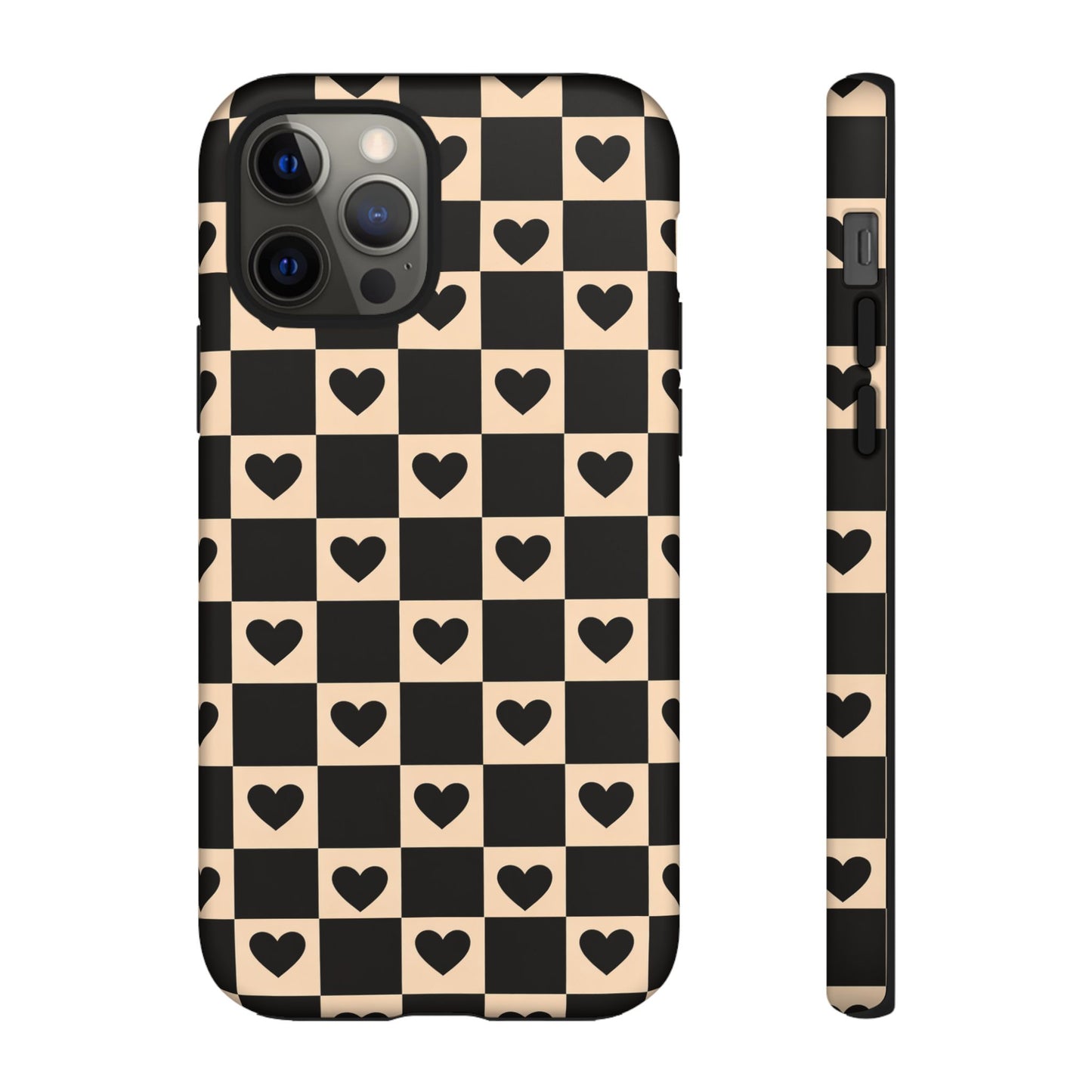 Checkerboard Heart Phone Case – Black & Beige Cute Aesthetic Protective Cover for Iphone, Samsung Galaxy and Pixel