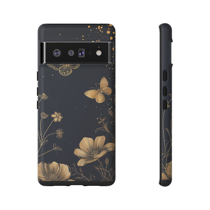 Gold Floral Butterfly Phone Case, Dark Aesthetic Botanical, Elegant Black Luxury iPhone Samsung Cover