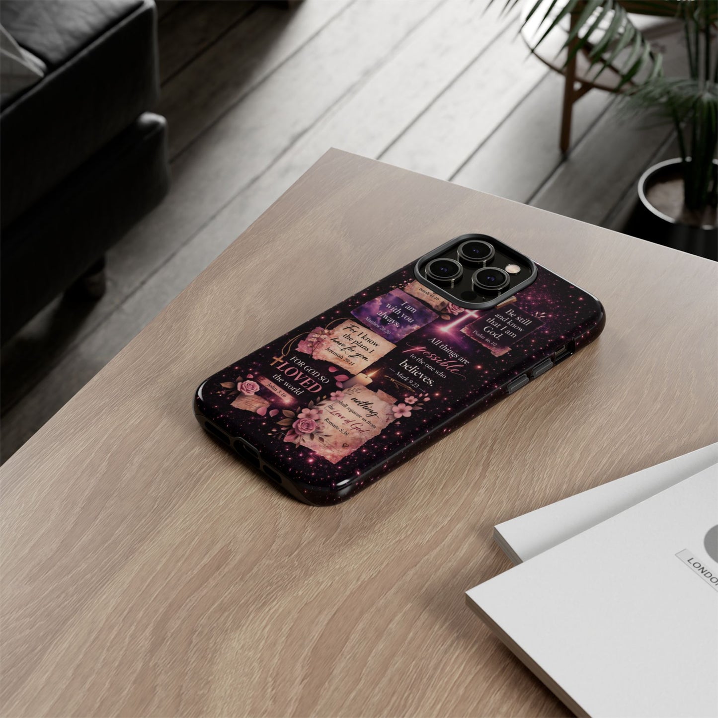 Christian Bible Verse Phone Case Pink Floral Faith Tough Protective Cover Gift