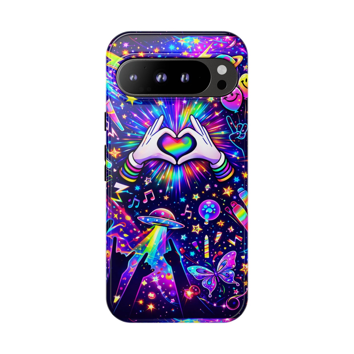 Rainbow Heart Hands Phone Case – Neon Galaxy EDM Festival Tough Cover