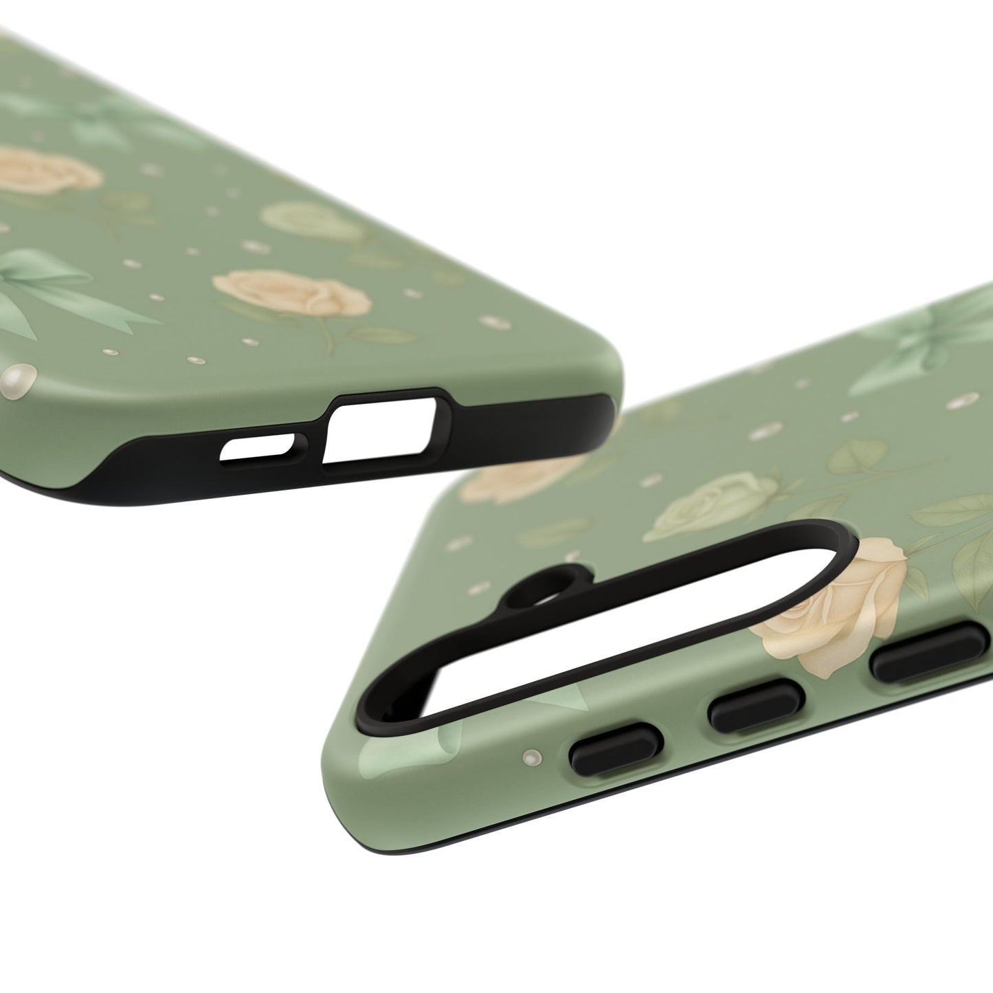 Vintage Rose Bow Phone Case – Sage Green Floral Coquette Aesthetic Tough Case (iPhone, Samsung, Pixel)