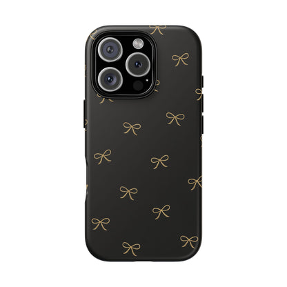 Black Phone Case with Gold Bow Pattern – Slim Protective Cute Aesthetic Cover for Iphone, Samsung Galaxy and Pixel