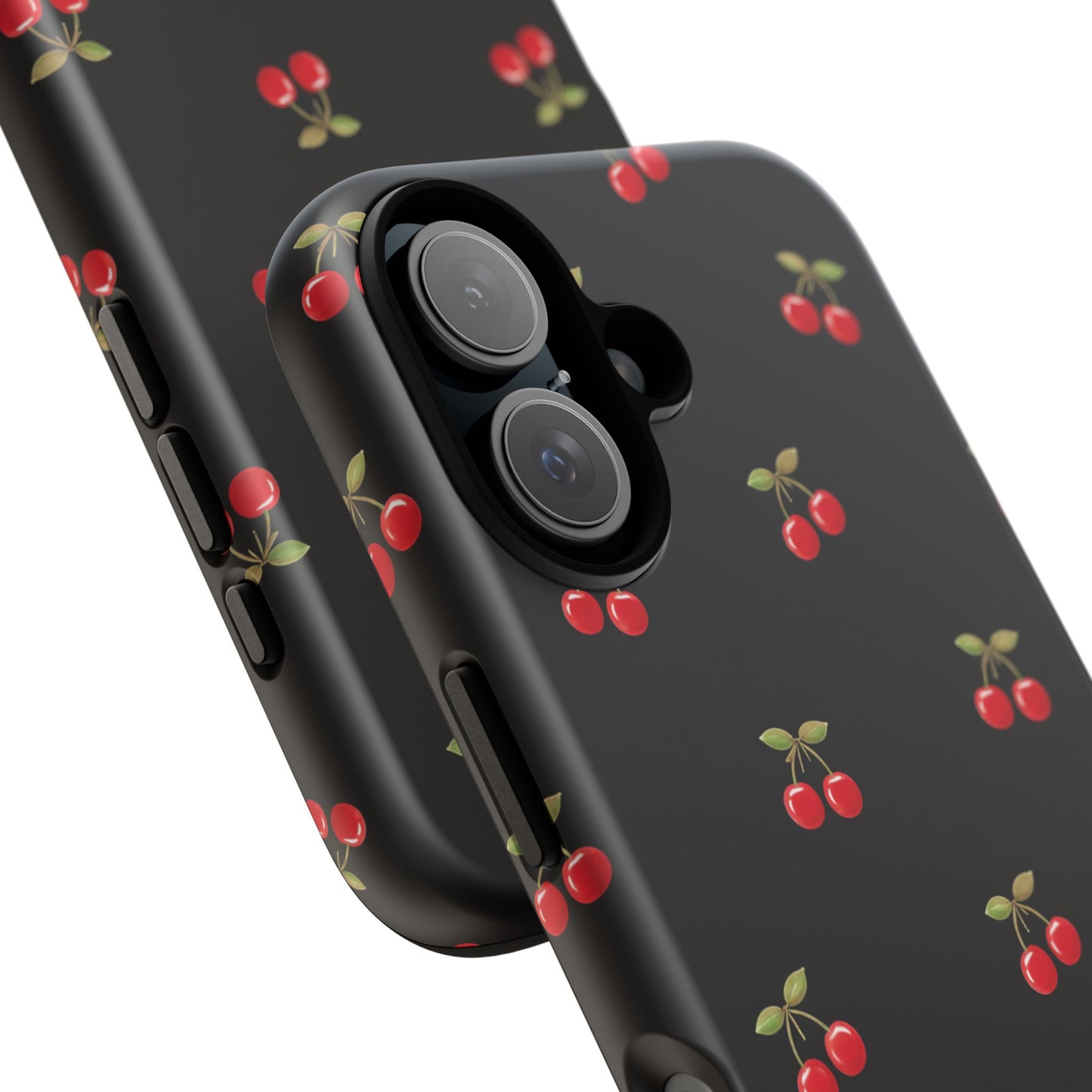 Cherry Pattern Phone Case — Slim Black Protective iPhone Case with Red Cherries for Iphone, Samsung Galaxy and Pixel