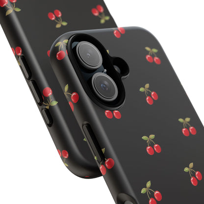 Cherry Pattern Phone Case — Slim Black Protective iPhone Case with Red Cherries for Iphone, Samsung Galaxy and Pixel