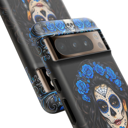 Blue Sugar Skull Woman Phone Case – Day of the Dead Aesthetic Tough Cover